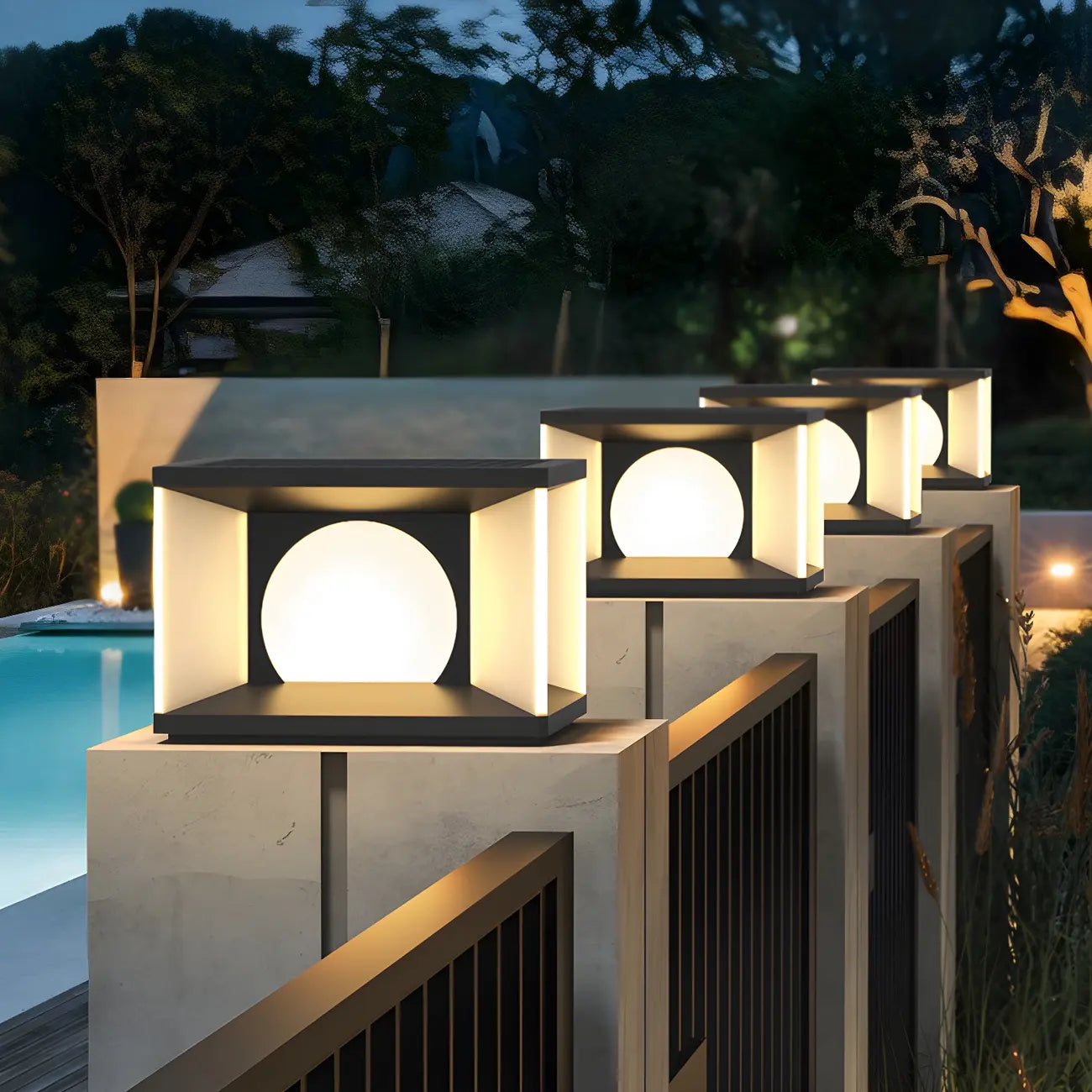 Warm Light Black Cube Solar LED Outdoor Post Lights