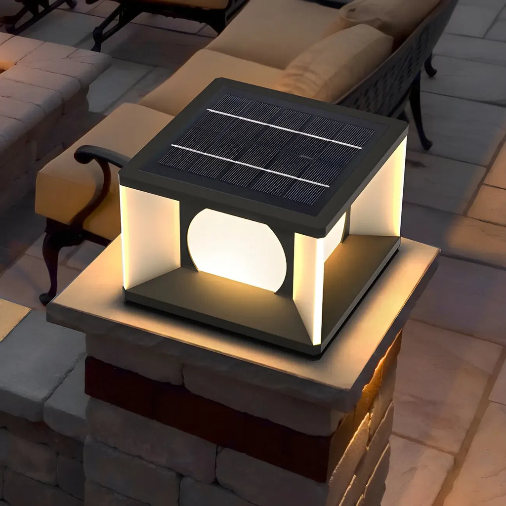 Warm Light Black Cube Solar LED Outdoor Post Lights