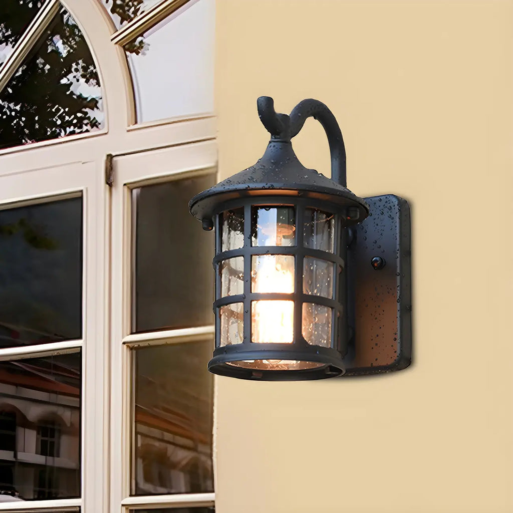 Rustic Black Metal Glass Lantern Outdoor Wall Light