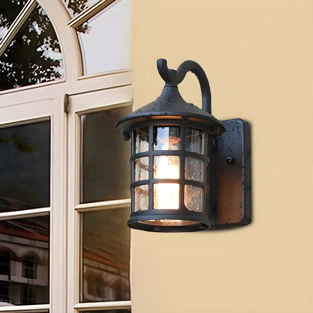 Rustic Black Metal Glass Lantern Outdoor Wall Light
