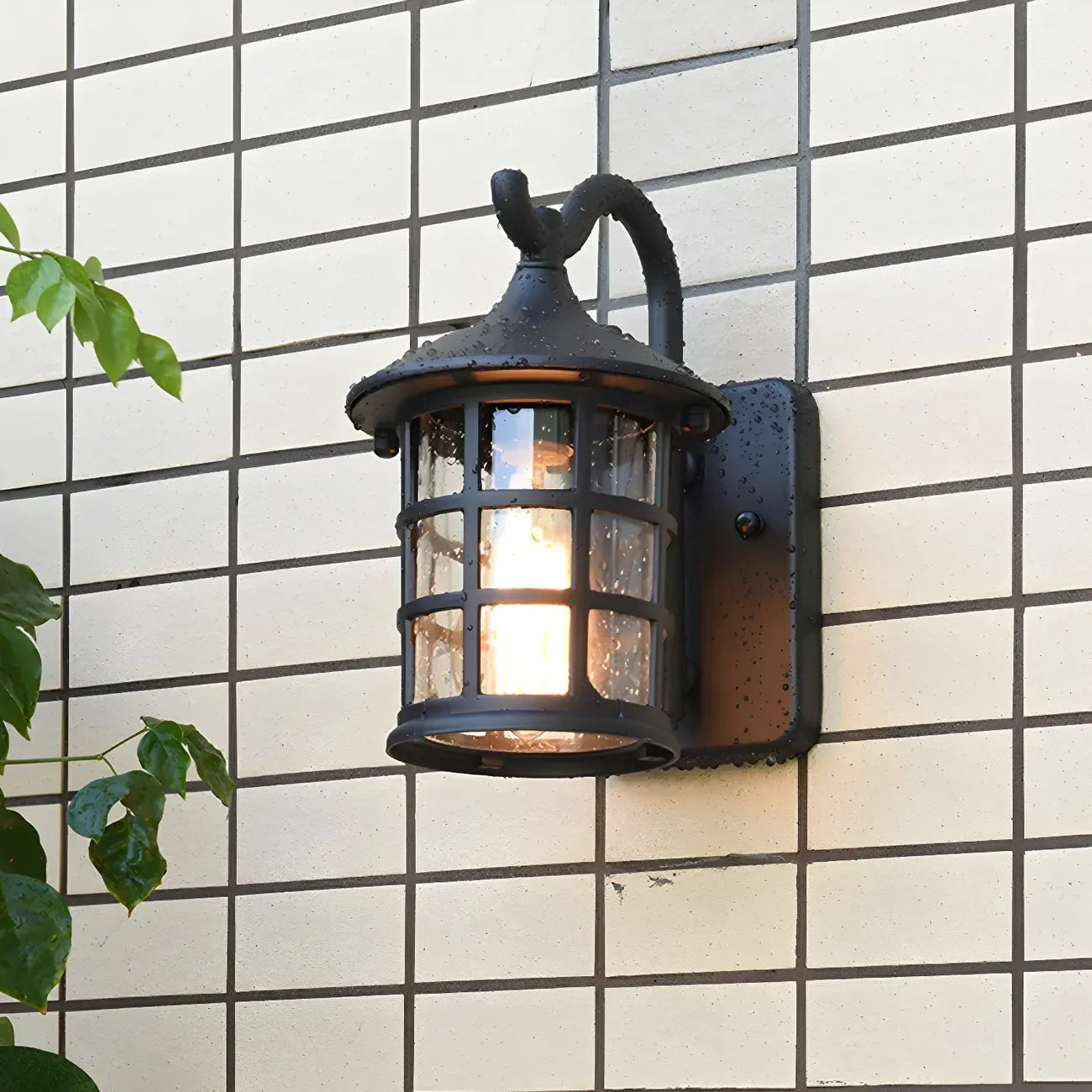 Rustic Black Metal Glass Lantern Outdoor Wall Light