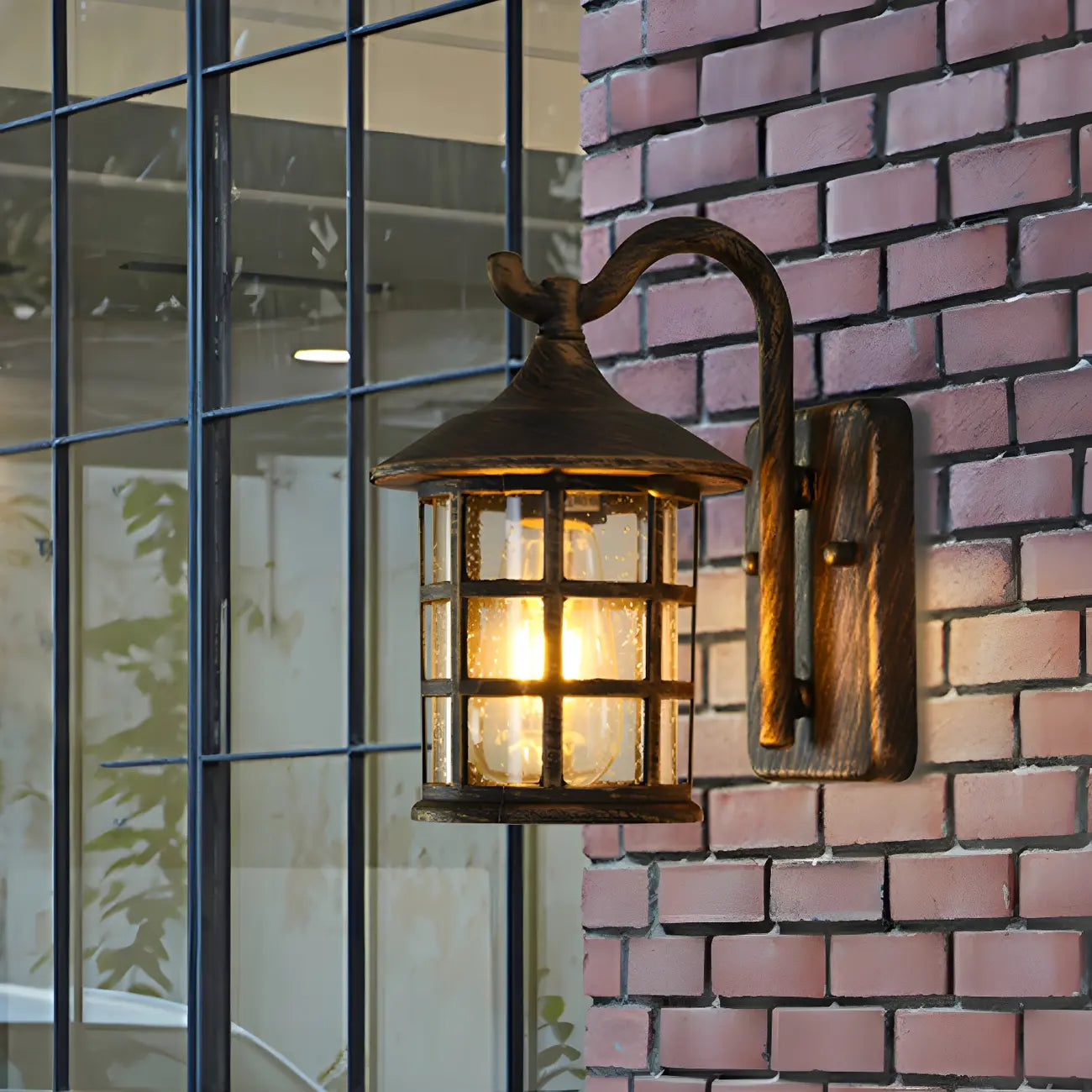 Rustic Black Metal Glass Lantern Outdoor Wall Light