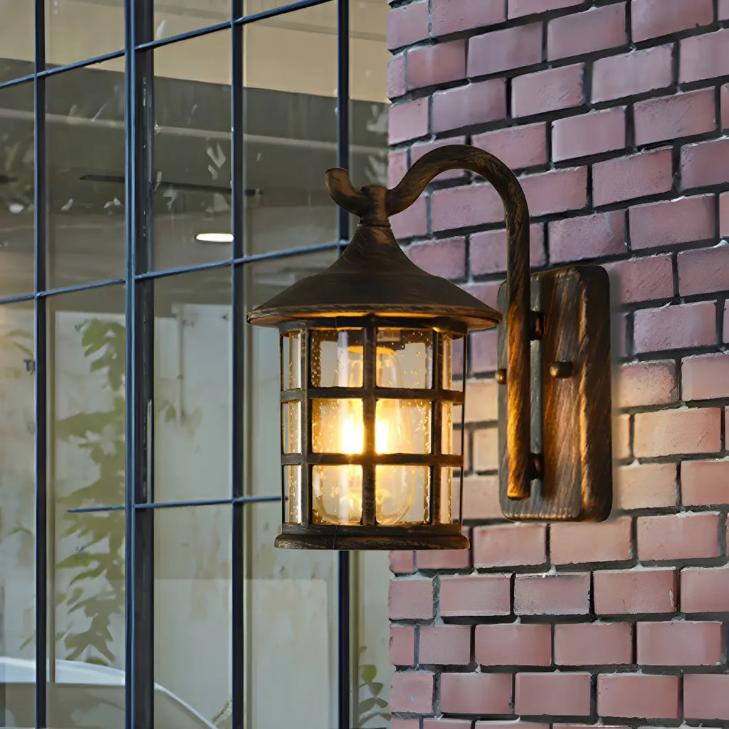 Rustic Black Metal Glass Lantern Outdoor Wall Light