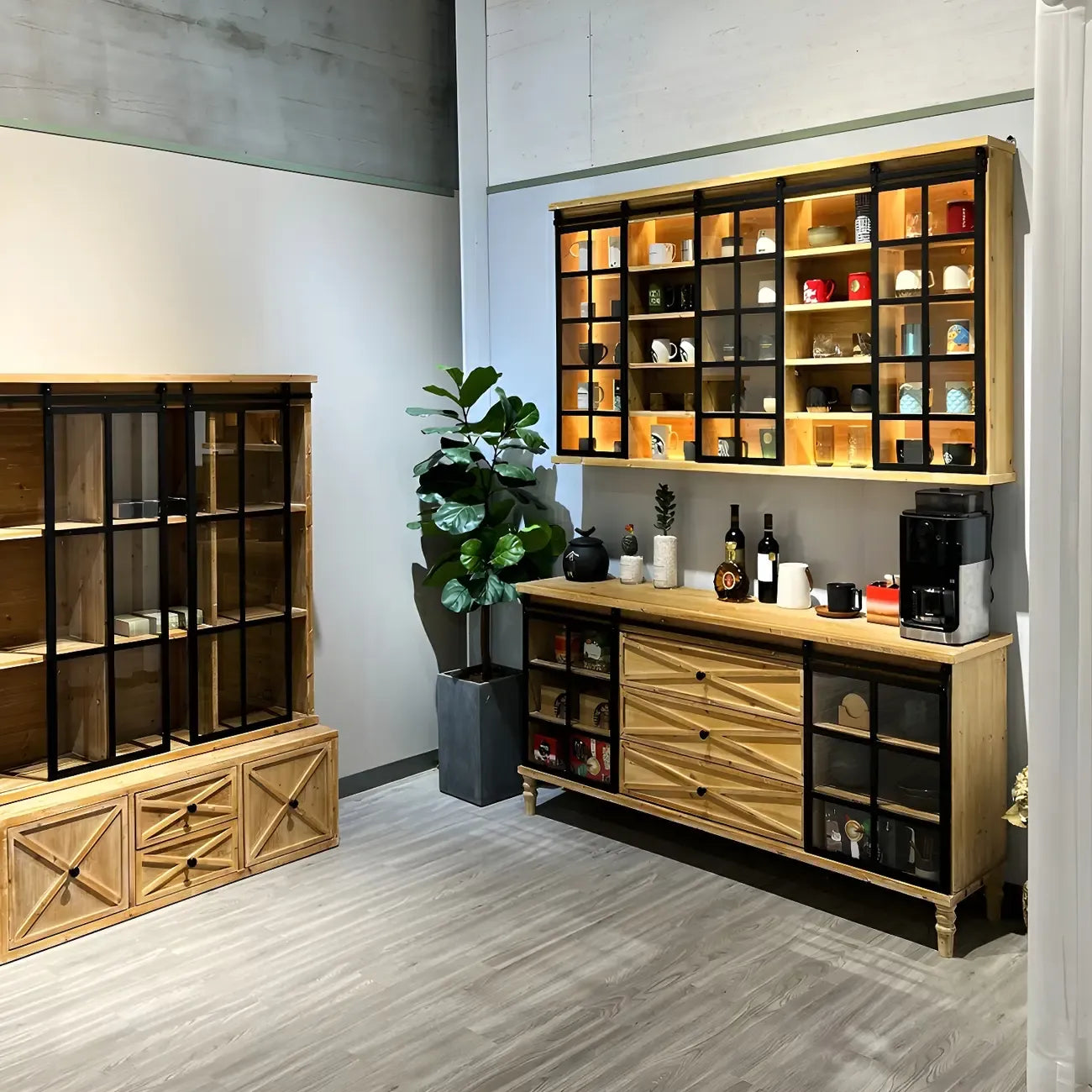 Natural Wall Mount LED Wooden Open Storage Display Cabinet