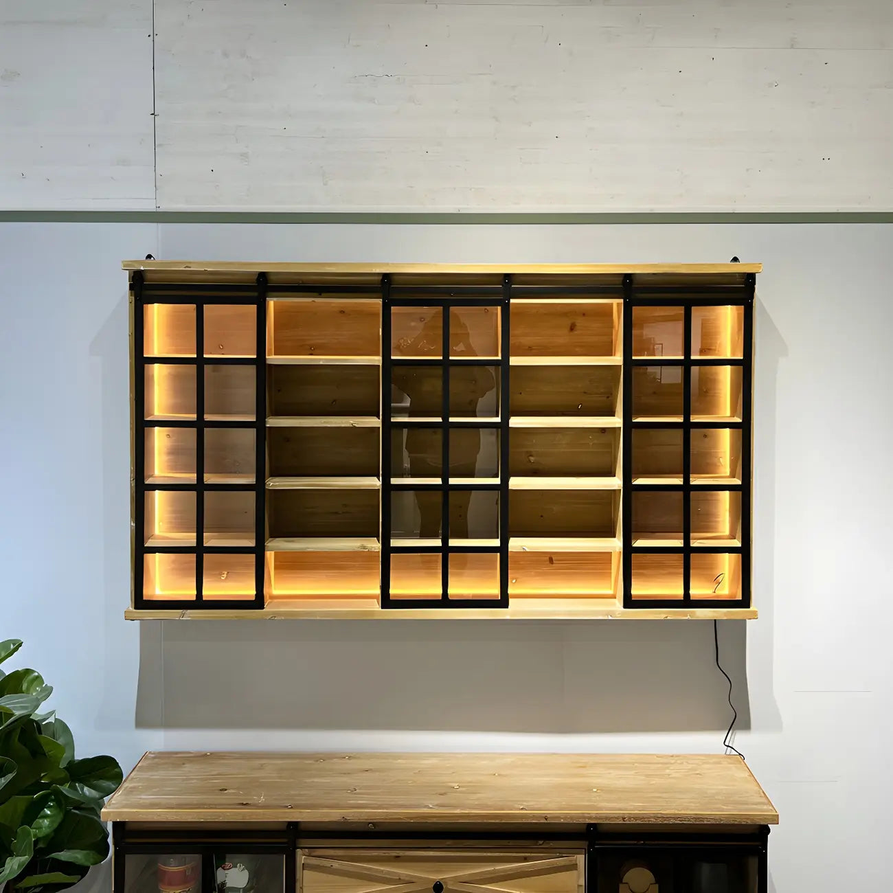 Natural Wall Mount LED Wooden Open Storage Display Cabinet
