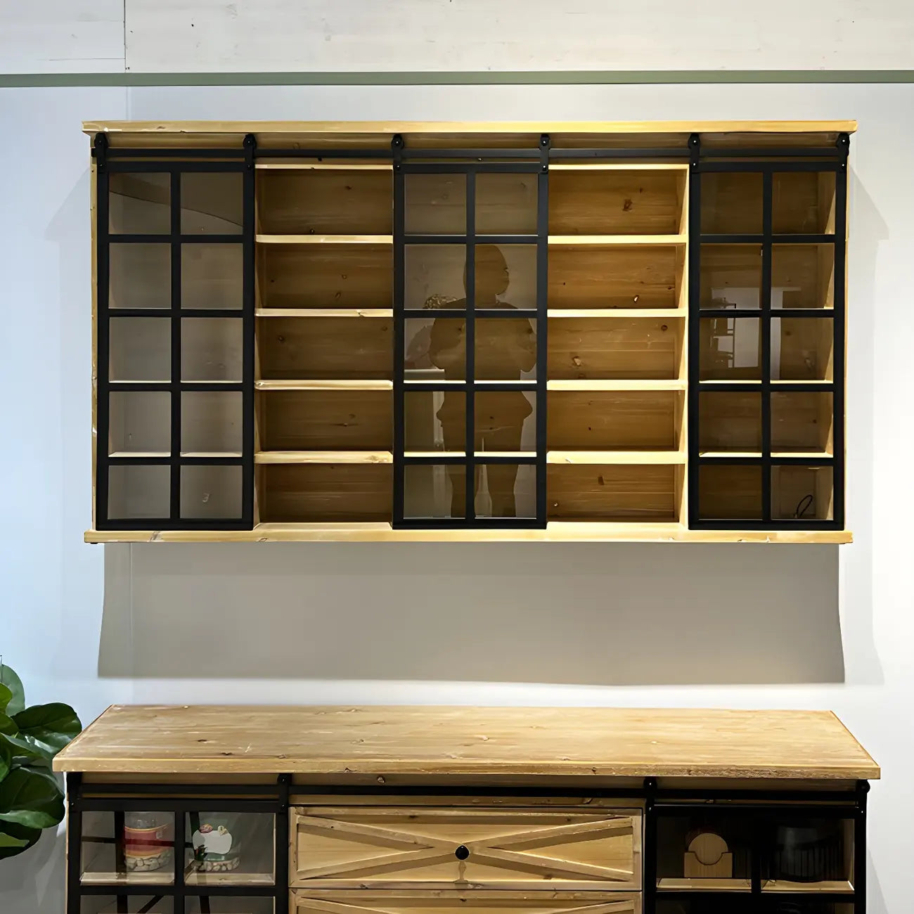 Natural Wall Mount LED Wooden Open Storage Display Cabinet