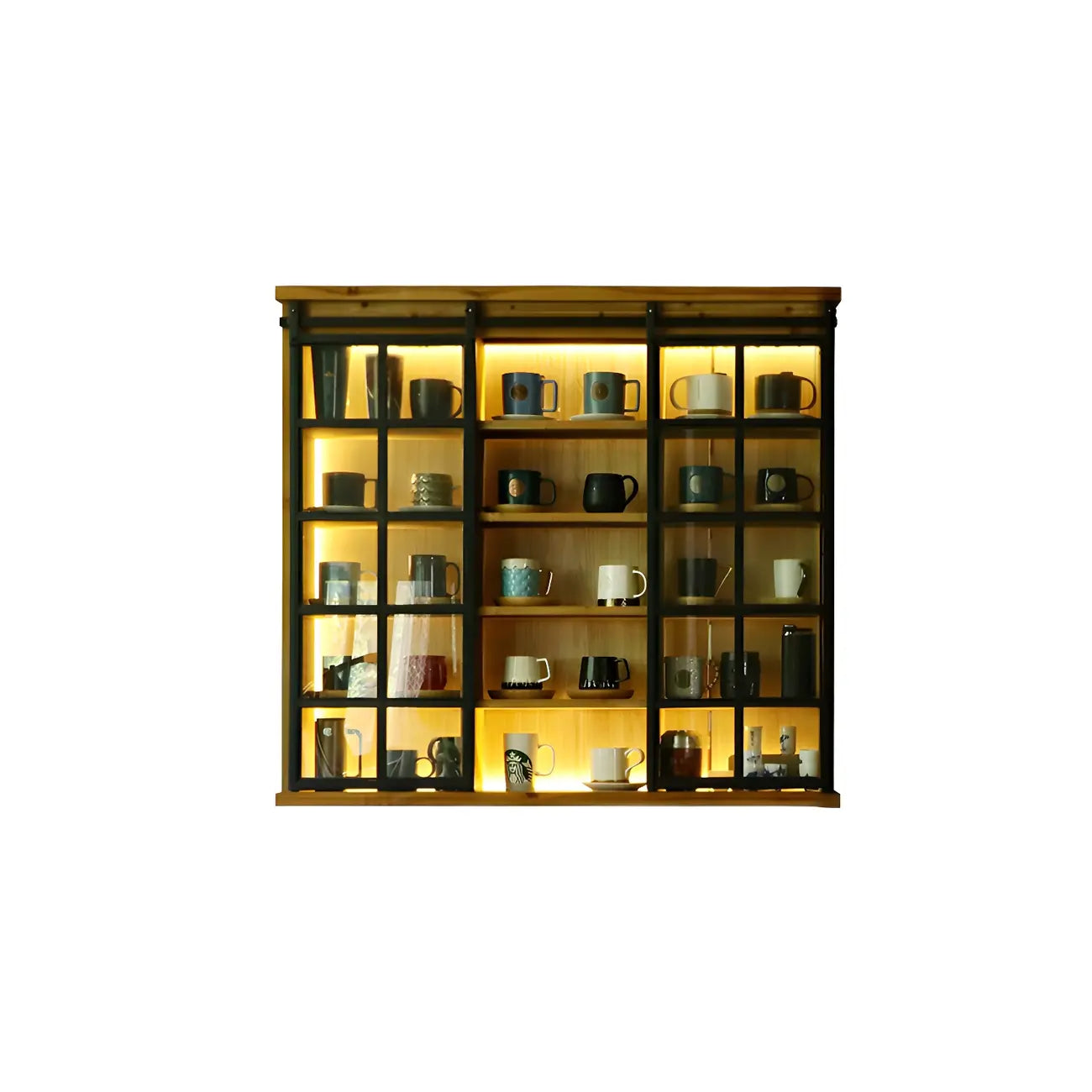 Natural Wall Mount LED Wooden Open Storage Display Cabinet