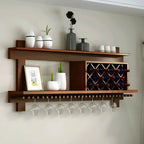 Pine Wooden Wall-Mounted Display Open Wine Bottle & Glass Rack