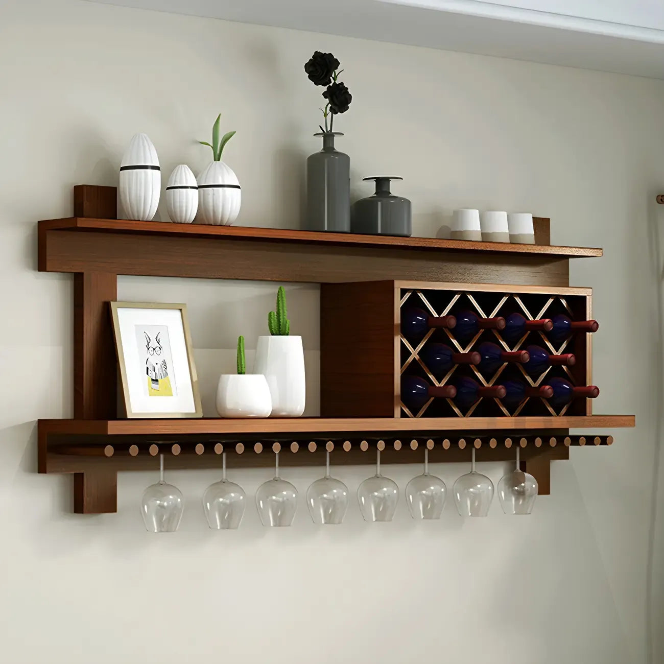 Pine Wooden Wall-Mounted Display Open Wine Bottle & Glass Rack