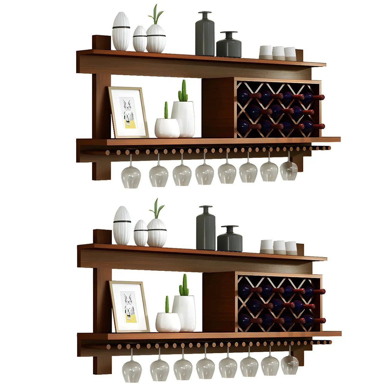 Pine Wooden Wall-Mounted Display Open Wine Bottle & Glass Rack