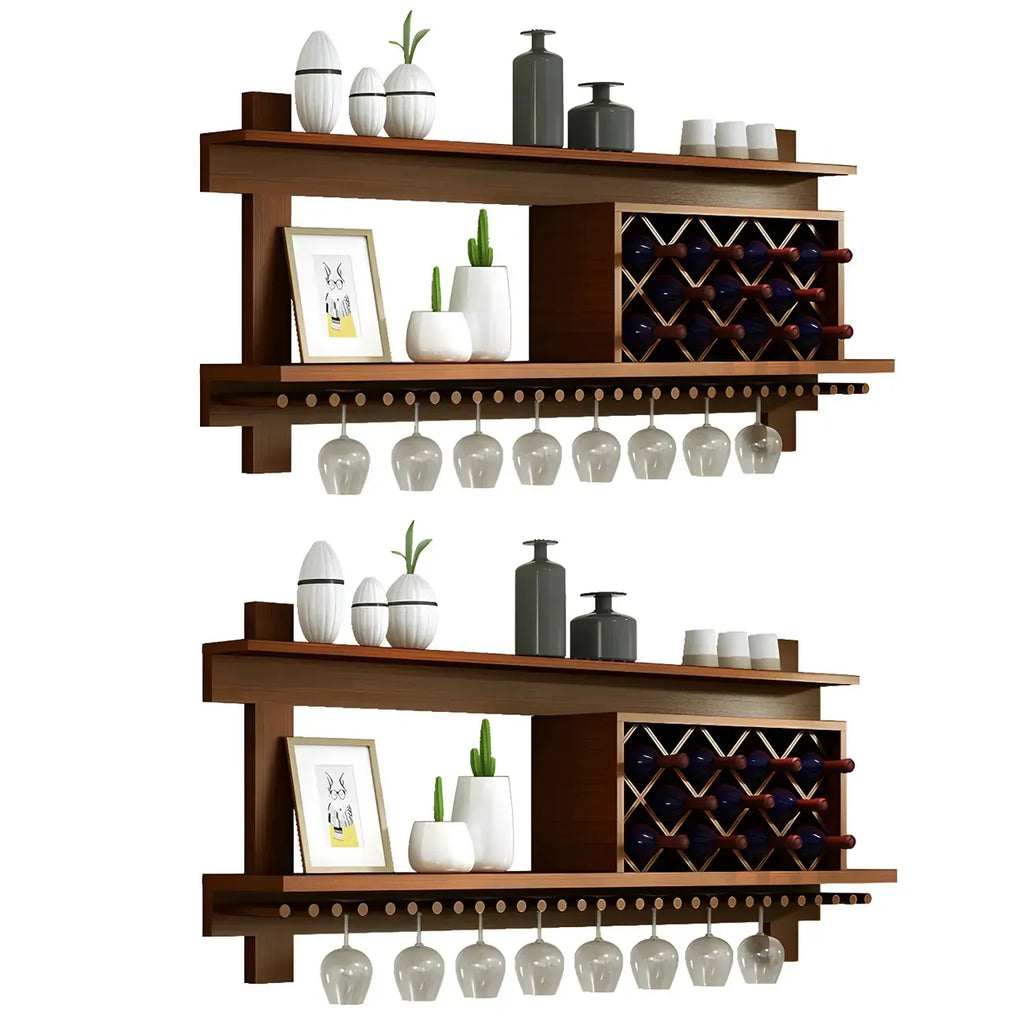 Pine Wooden Wall-Mounted Display Open Wine Bottle & Glass Rack
