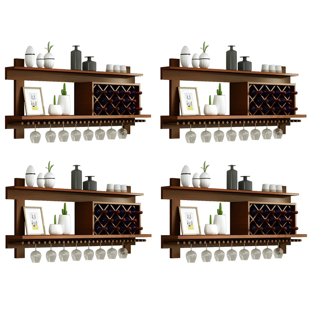Pine Wooden Wall-Mounted Display Open Wine Bottle & Glass Rack