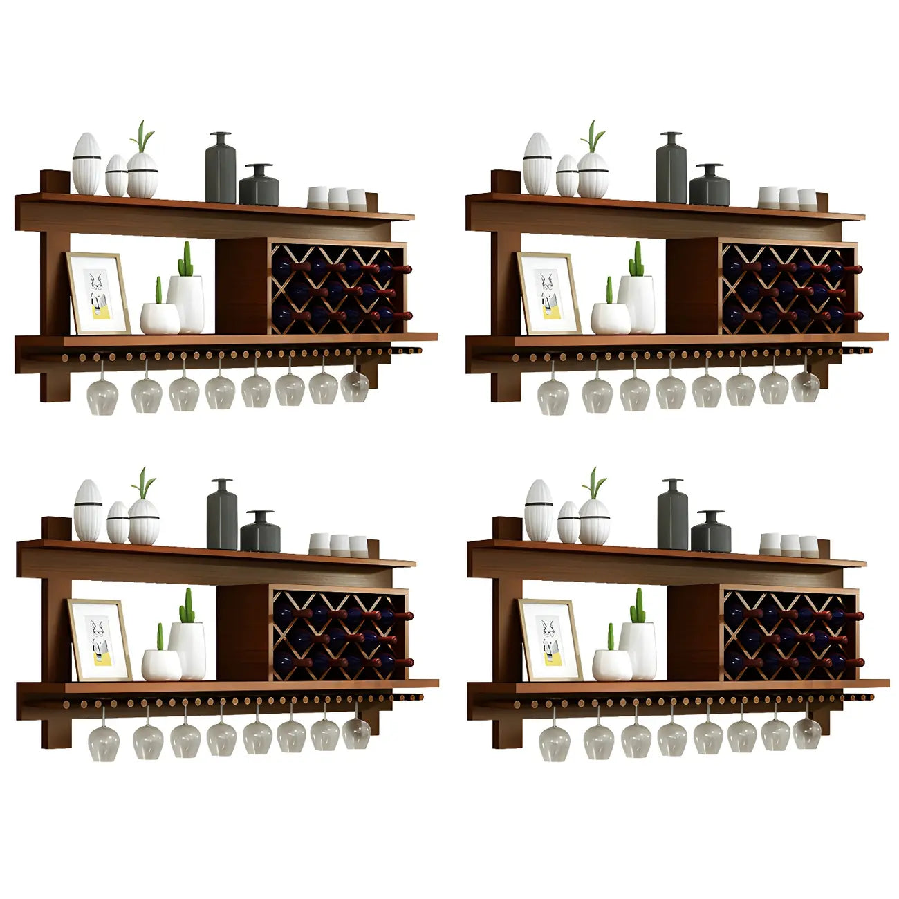 Pine Wooden Wall-Mounted Display Open Wine Bottle & Glass Rack