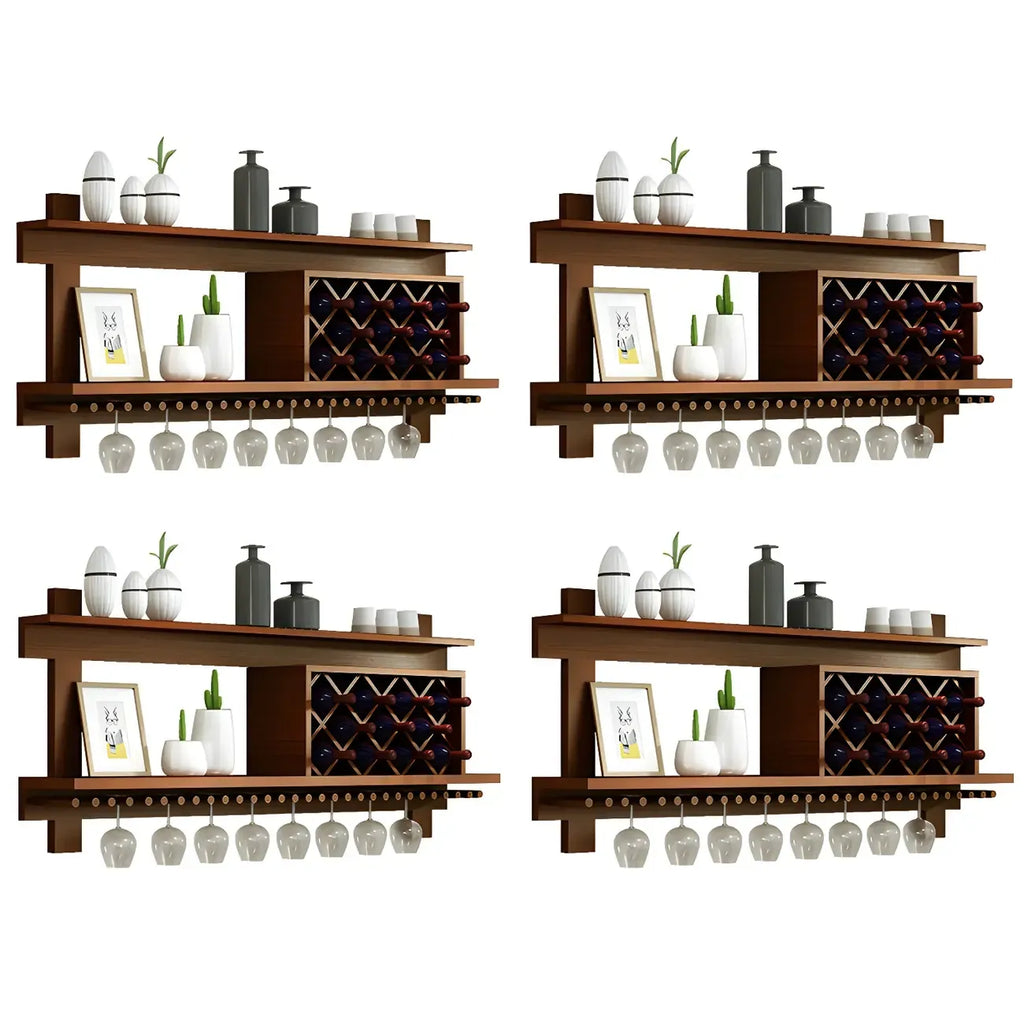Pine Wooden Wall-Mounted Display Open Wine Bottle & Glass Rack