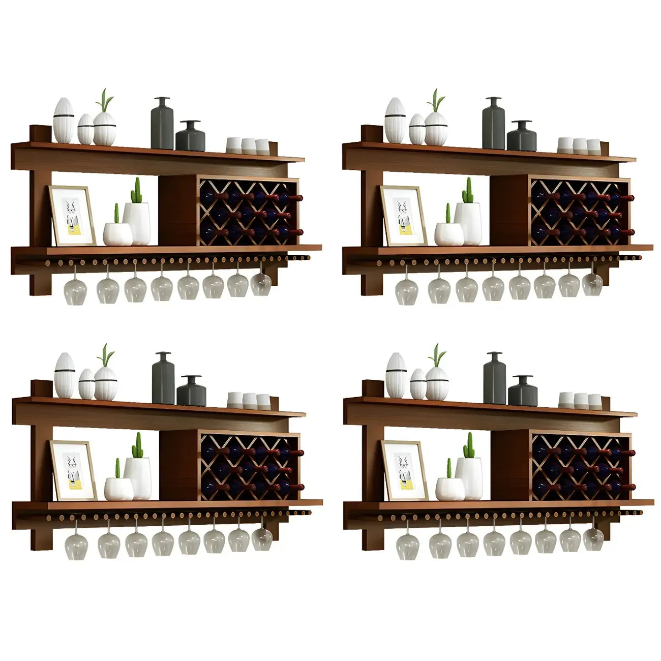 Pine Wooden Wall-Mounted Display Open Wine Bottle & Glass Rack