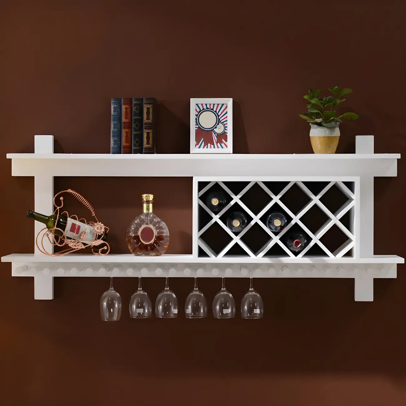 Pine Wooden Wall-Mounted Display Open Wine Bottle & Glass Rack