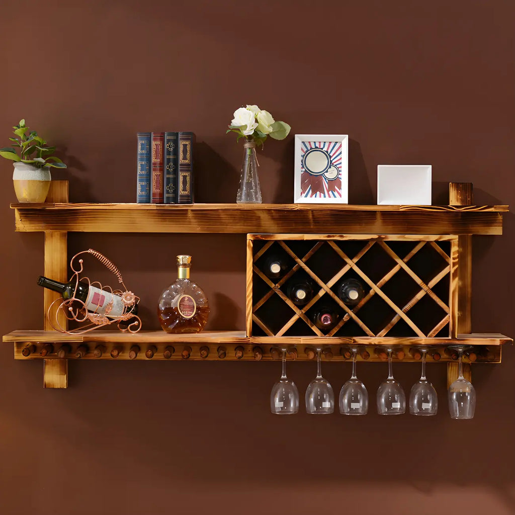 Pine Wooden Wall-Mounted Display Open Wine Bottle & Glass Rack