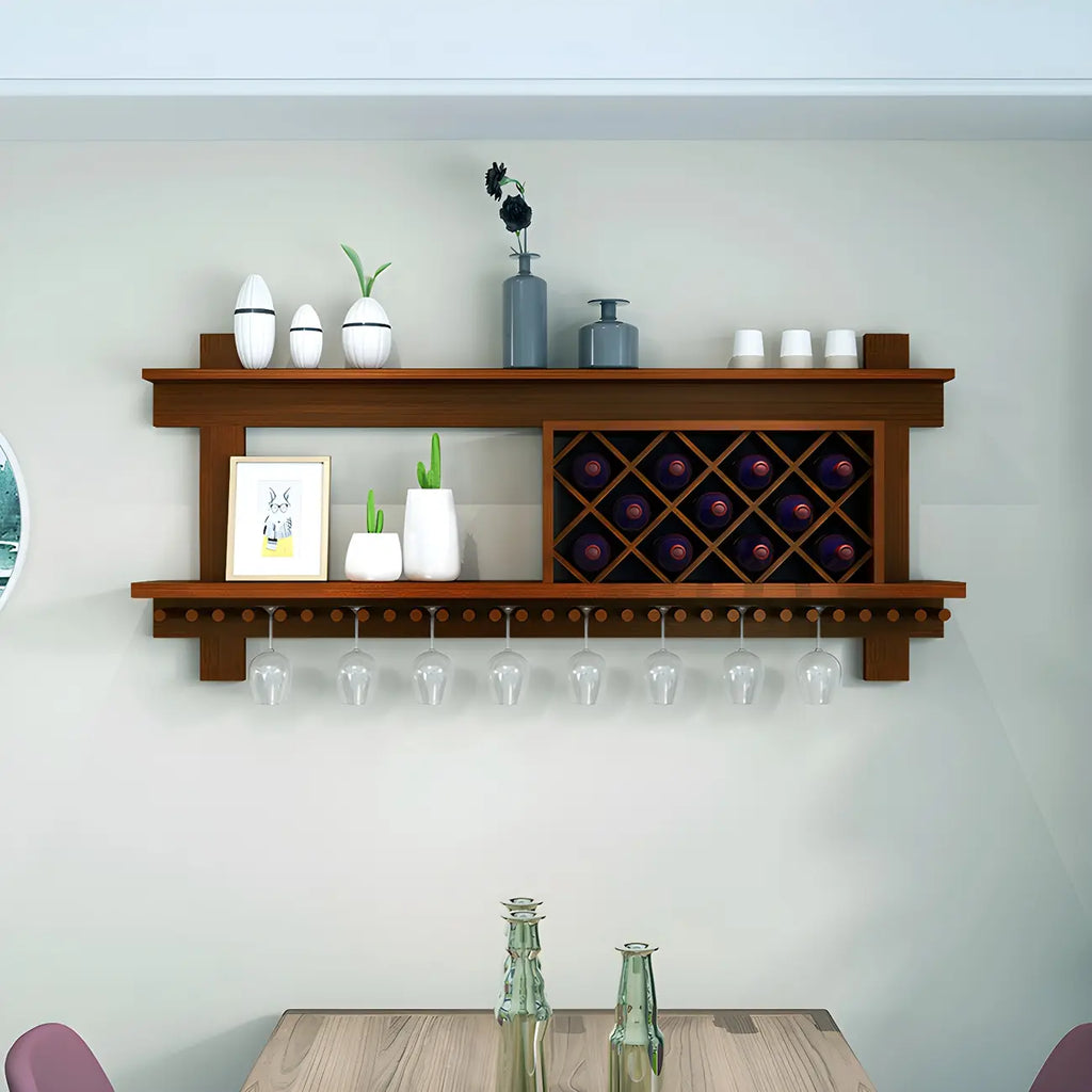 Pine Wooden Wall-Mounted Display Open Wine Bottle & Glass Rack