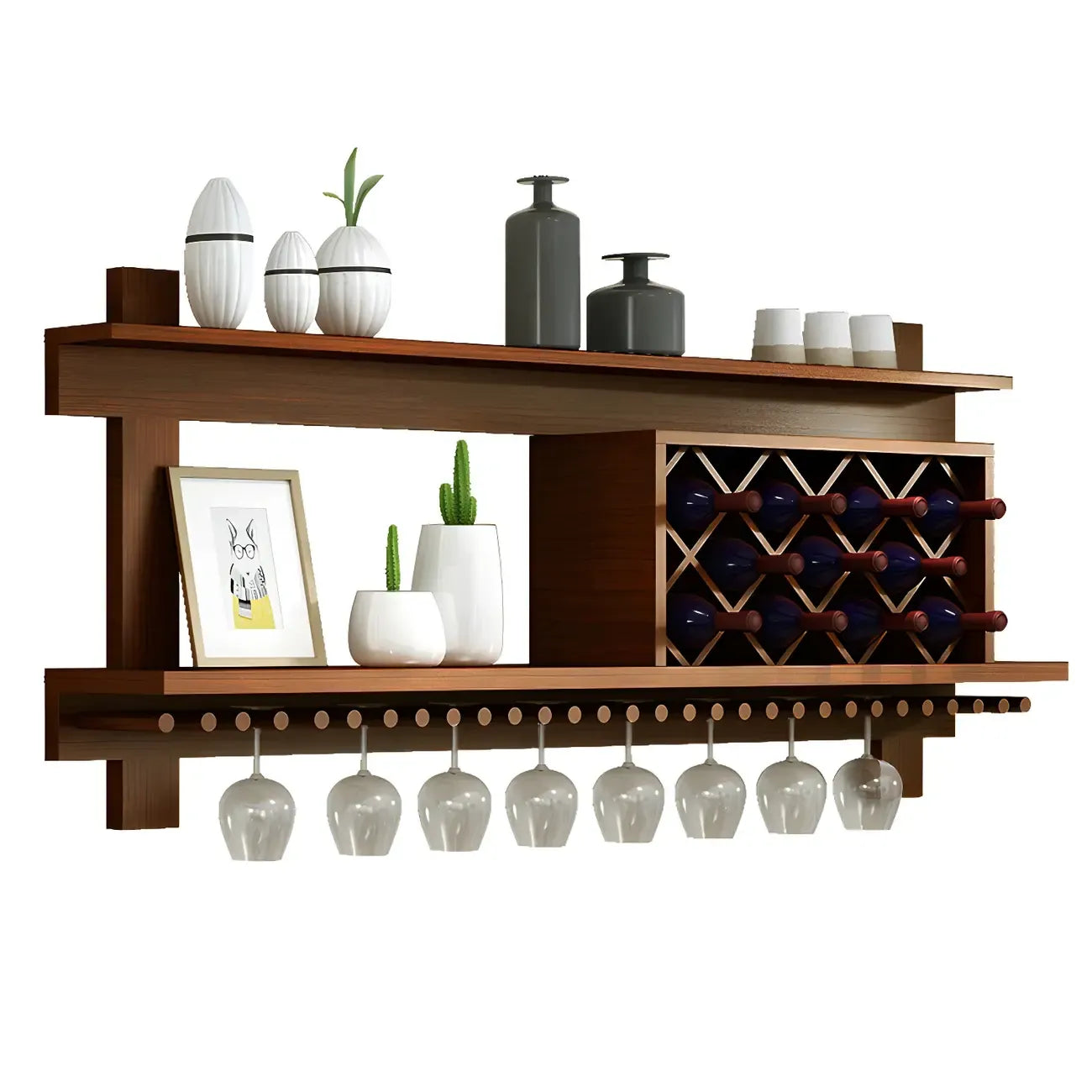 Pine Wooden Wall-Mounted Display Open Wine Bottle & Glass Rack