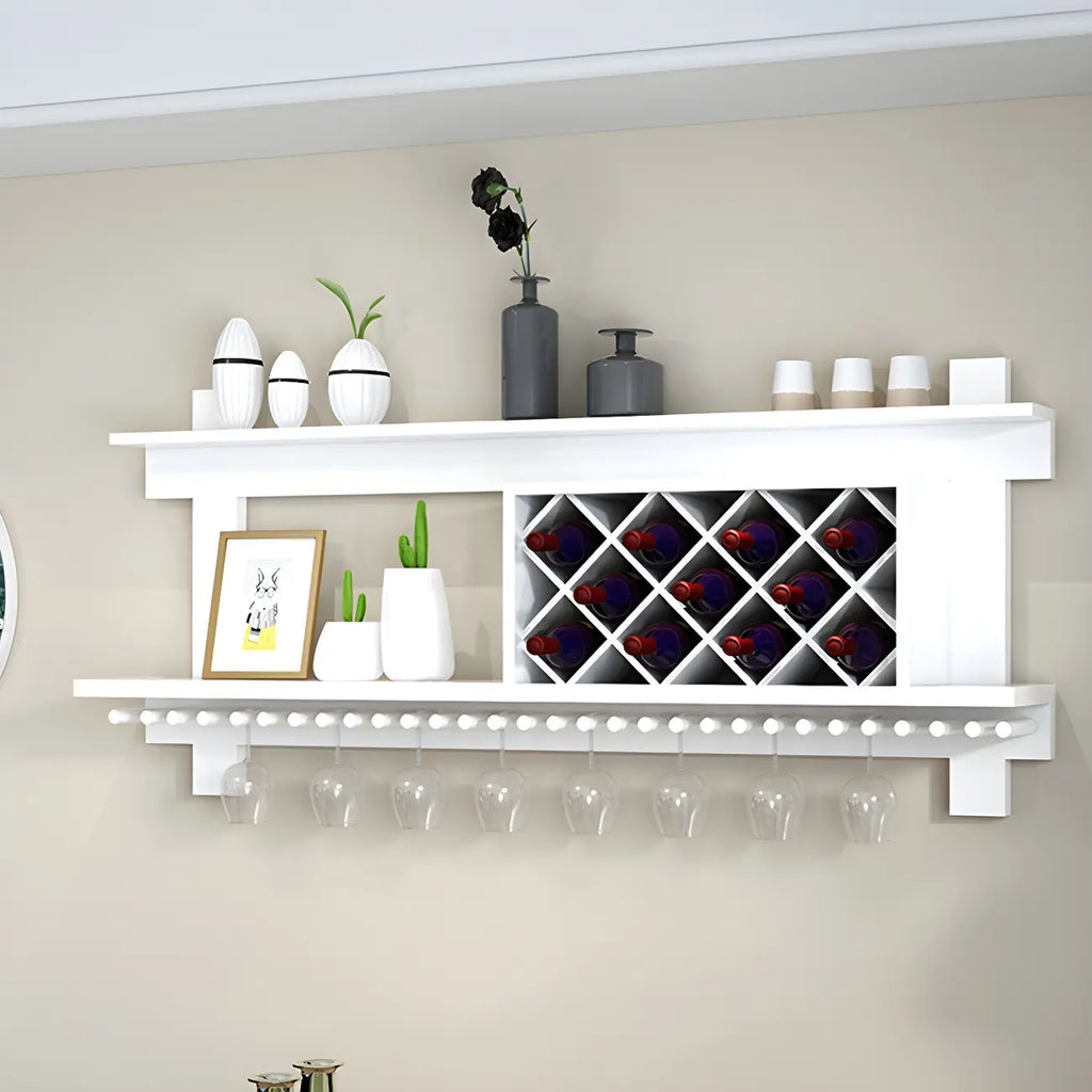 Pine Wooden Wall-Mounted Display Open Wine Bottle & Glass Rack