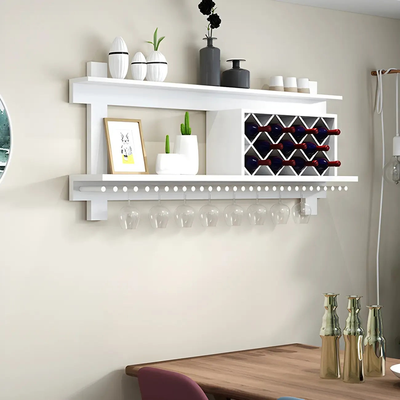 Pine Wooden Wall-Mounted Display Open Wine Bottle & Glass Rack