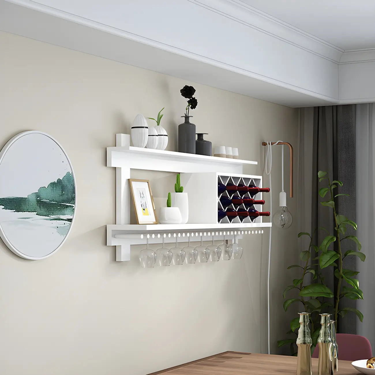 Pine Wooden Wall-Mounted Display Open Wine Bottle & Glass Rack