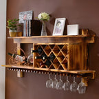 Pine Wooden Wall-Mounted Display Open Wine Bottle & Glass Rack