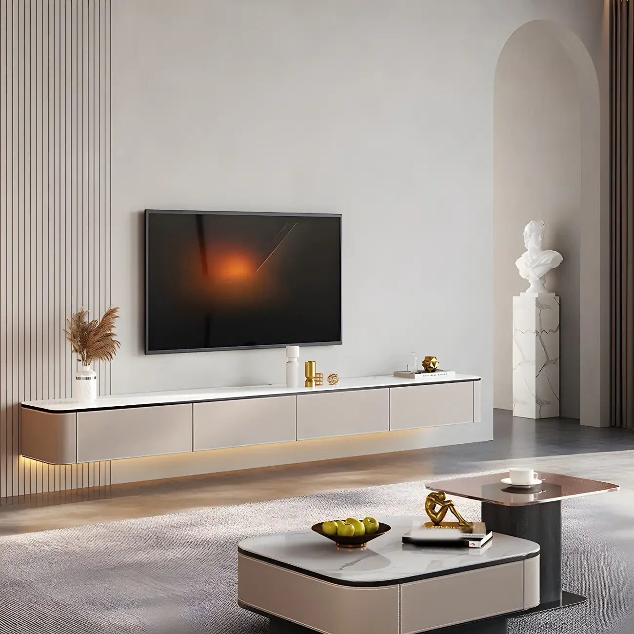 79 4-Drawer White Stone Floating Cable Management TV Stand