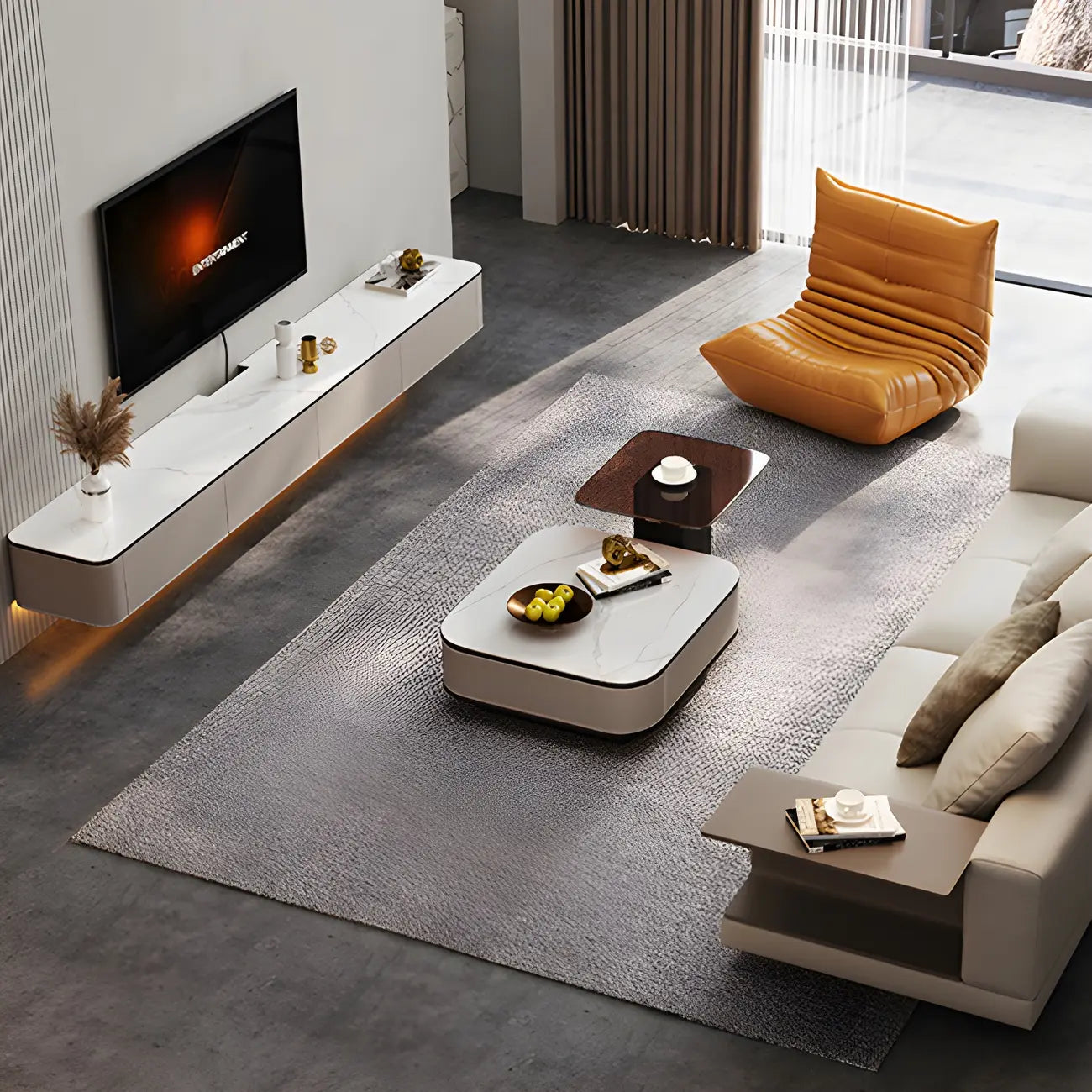 79 4-Drawer White Stone Floating Cable Management TV Stand