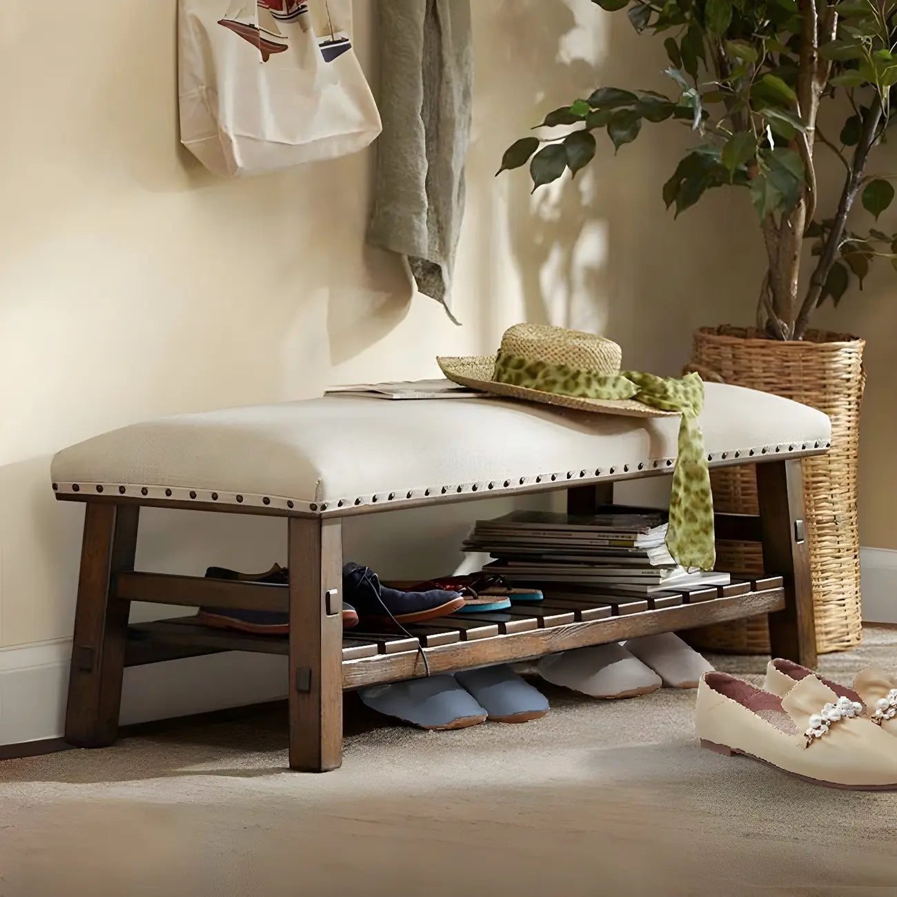 White Modern Upholstered Short Entryway Bench with Shelves