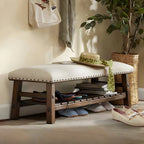 White Modern Upholstered Short Entryway Bench with Shelves