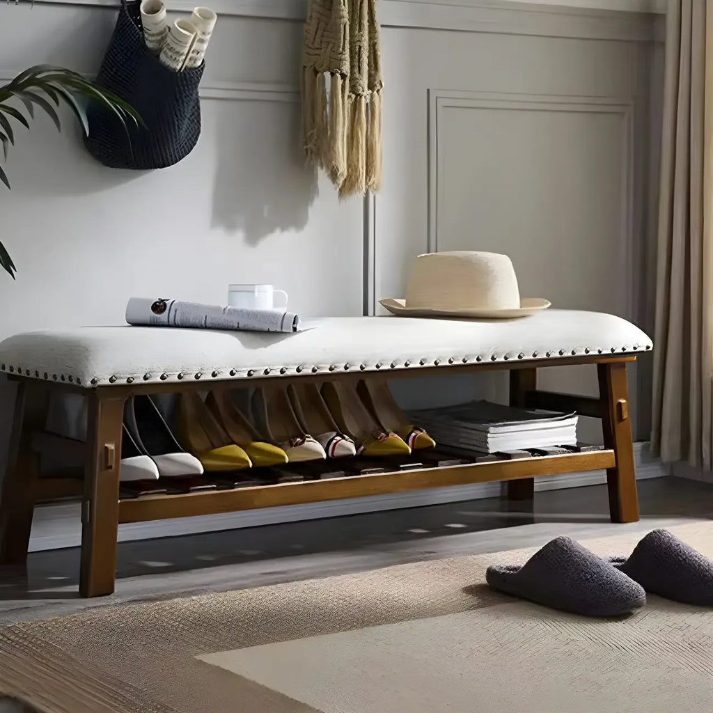White Modern Upholstered Short Entryway Bench with Shelves