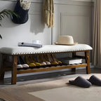 White Modern Upholstered Short Entryway Bench with Shelves