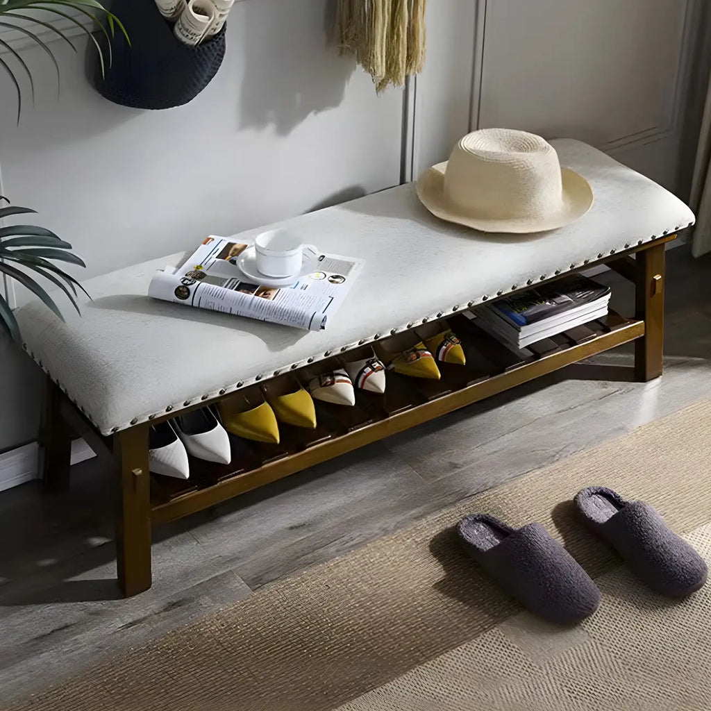 White Modern Upholstered Short Entryway Bench with Shelves