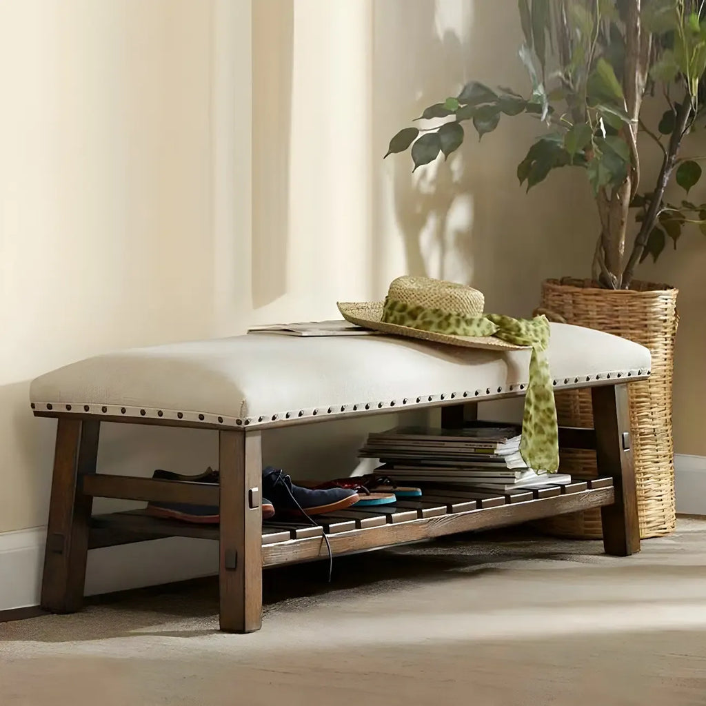 White Modern Upholstered Short Entryway Bench with Shelves