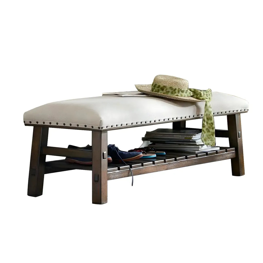 White Modern Upholstered Short Entryway Bench with Shelves