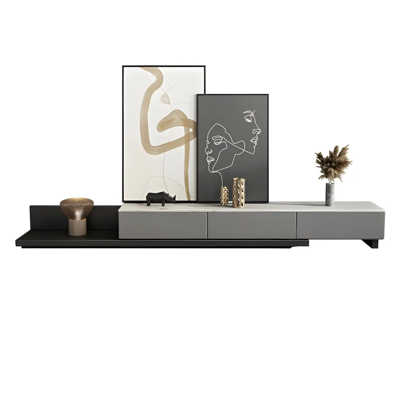 142L Grey Wood Long Open Shelf TV Stand with Storage Drawers