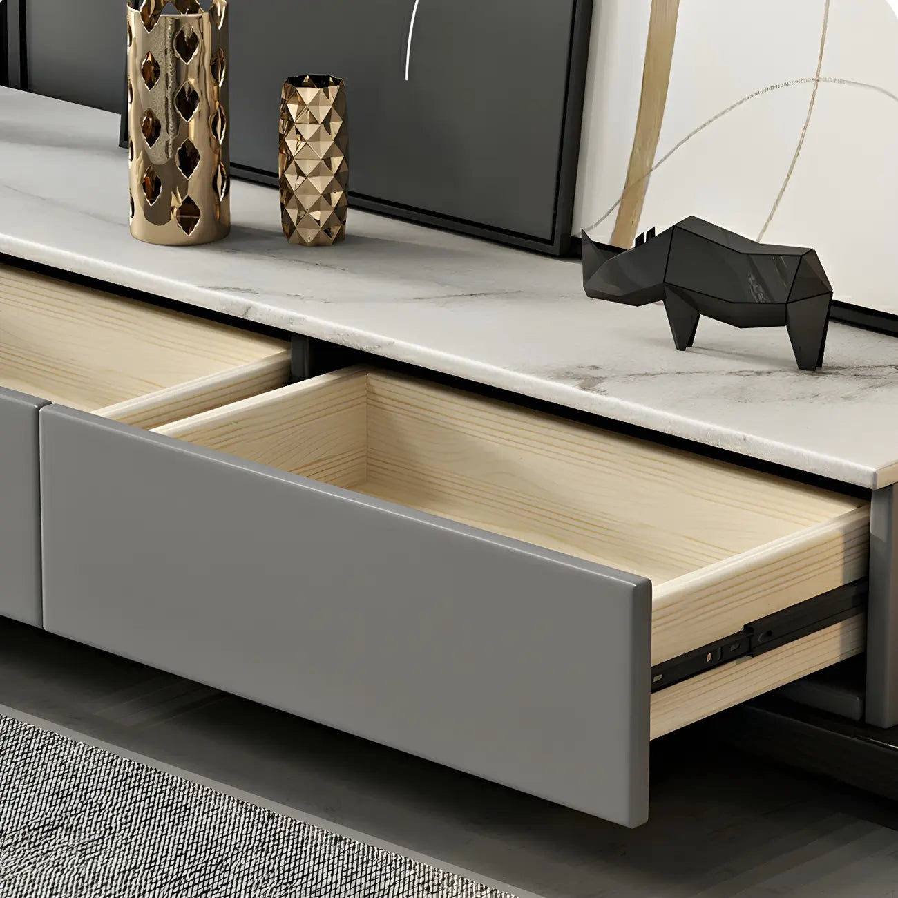 142L Grey Wood Long Open Shelf TV Stand with Storage Drawers