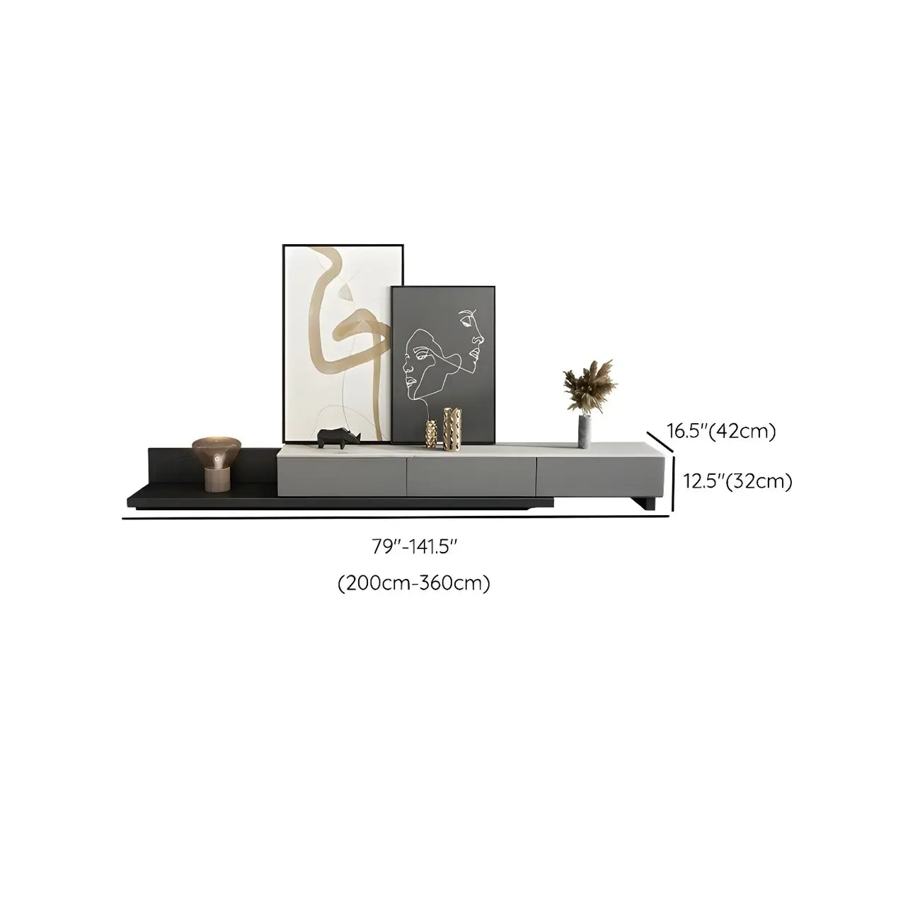 142L Grey Wood Long Open Shelf TV Stand with Storage Drawers