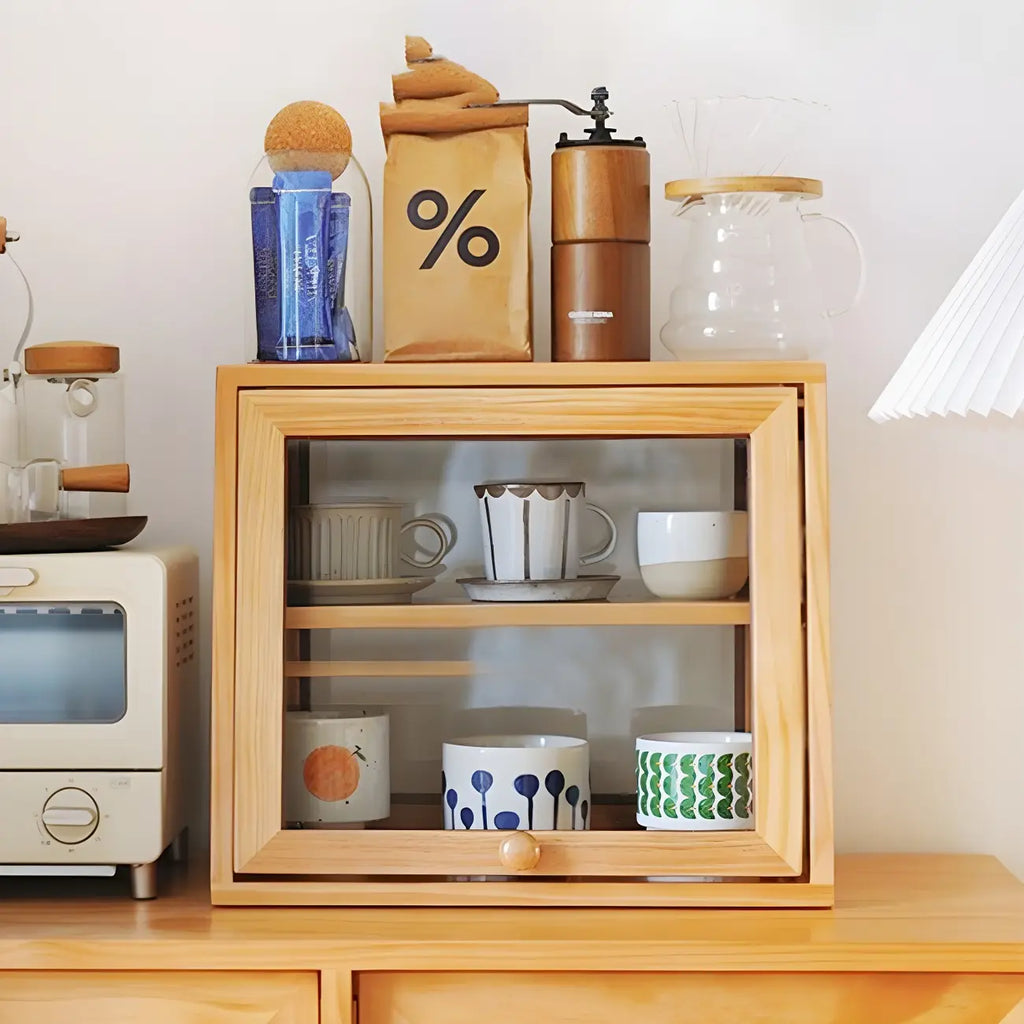 Simple Natural Glass Doors Wood Short China Cabinet