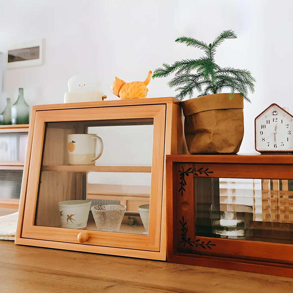 Simple Natural Glass Doors Wood Short China Cabinet