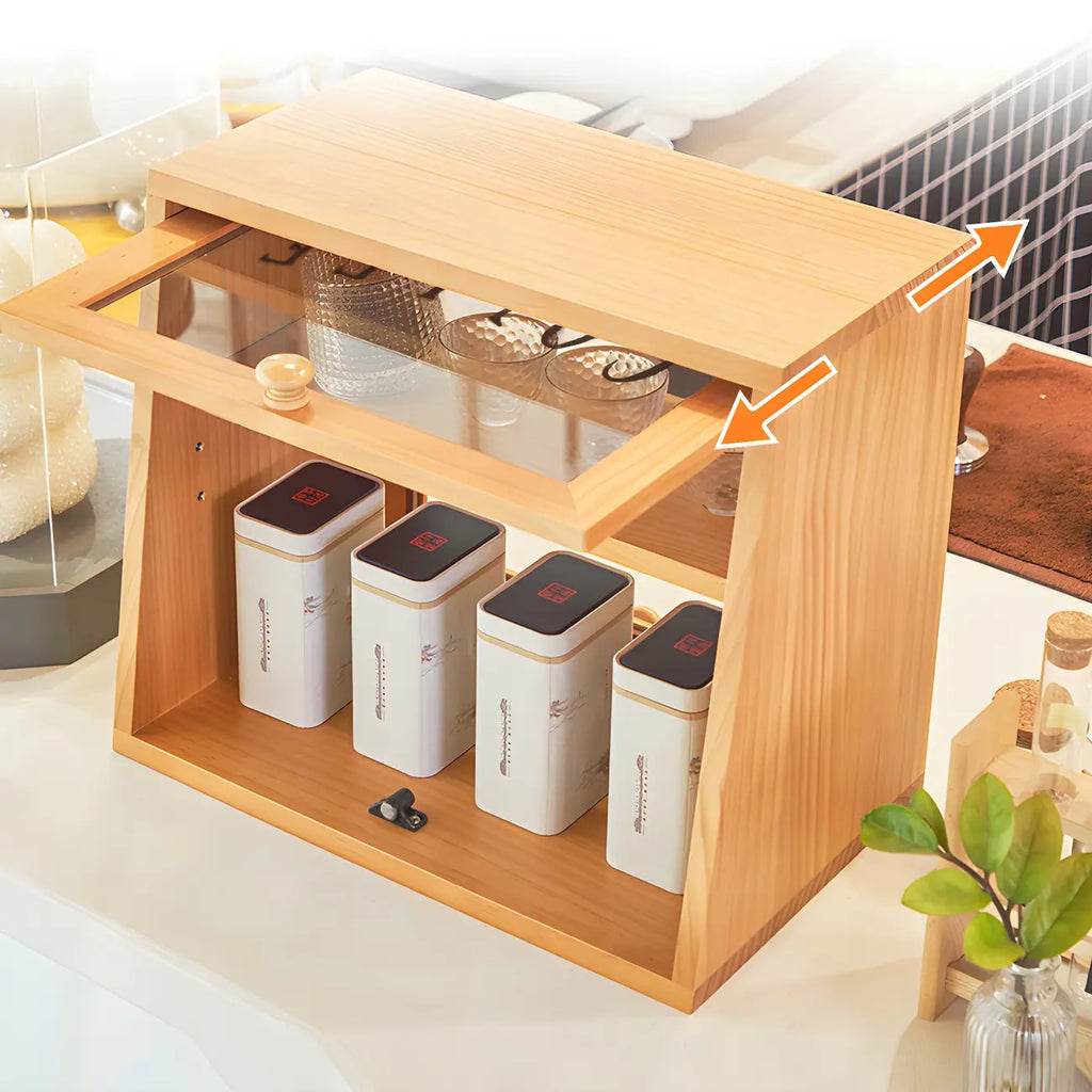 Simple Natural Glass Doors Wood Short China Cabinet