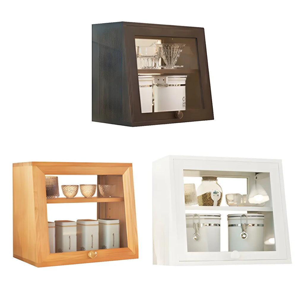 Simple Natural Glass Doors Wood Short China Cabinet