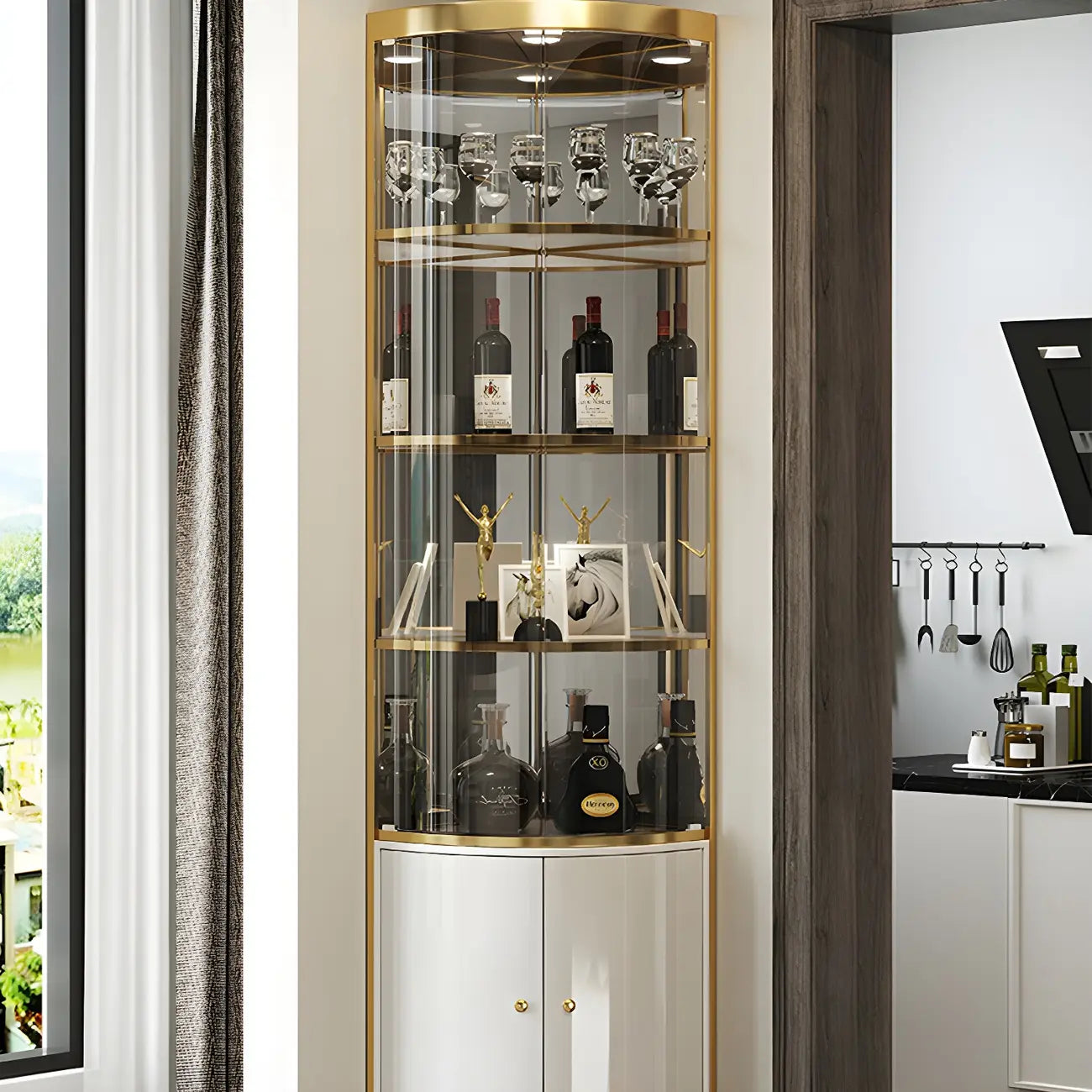 Glam Glossy Glass Gold Metal Rounded Display Corner Cabinet