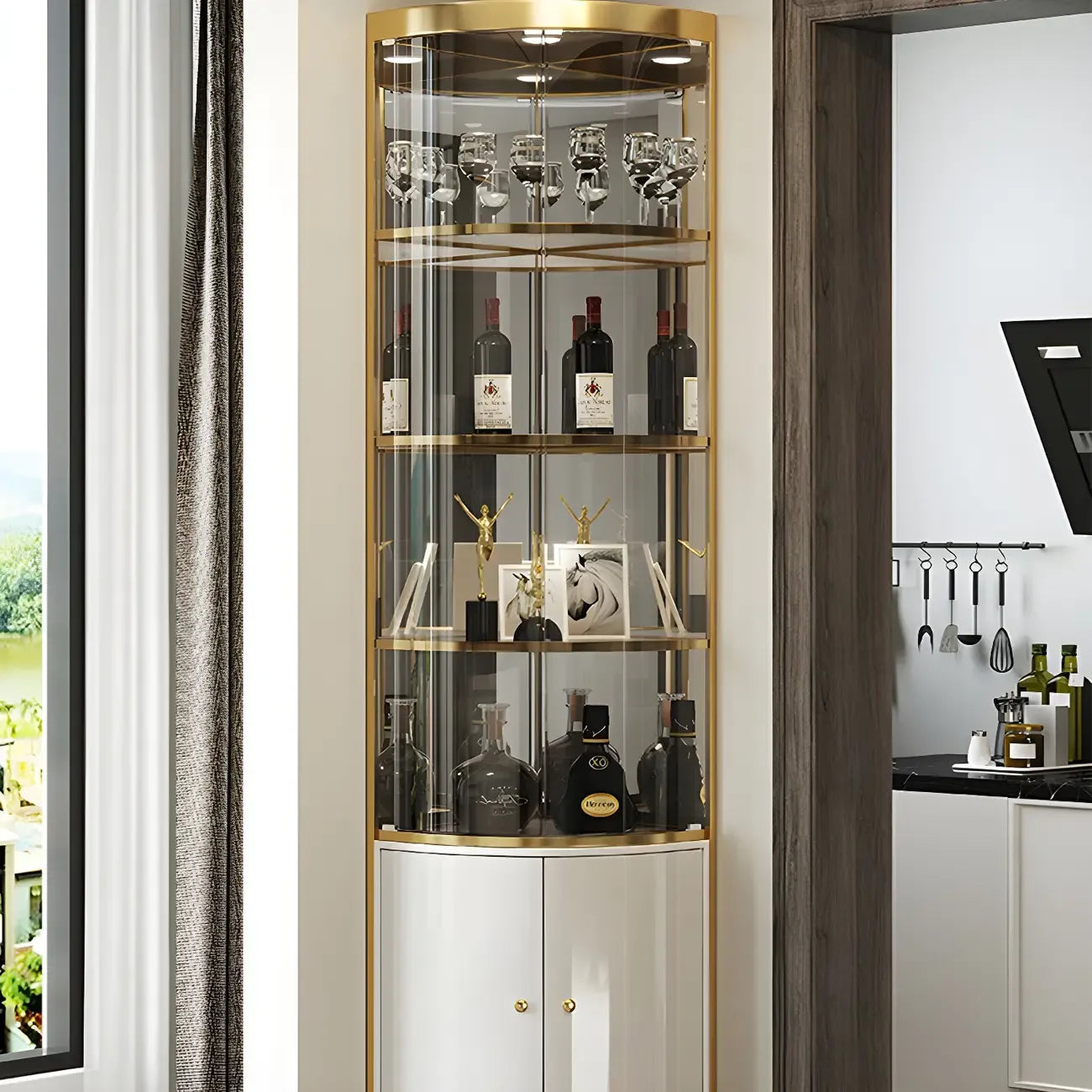 Glam Glossy Glass Gold Metal Rounded Display Corner Cabinet