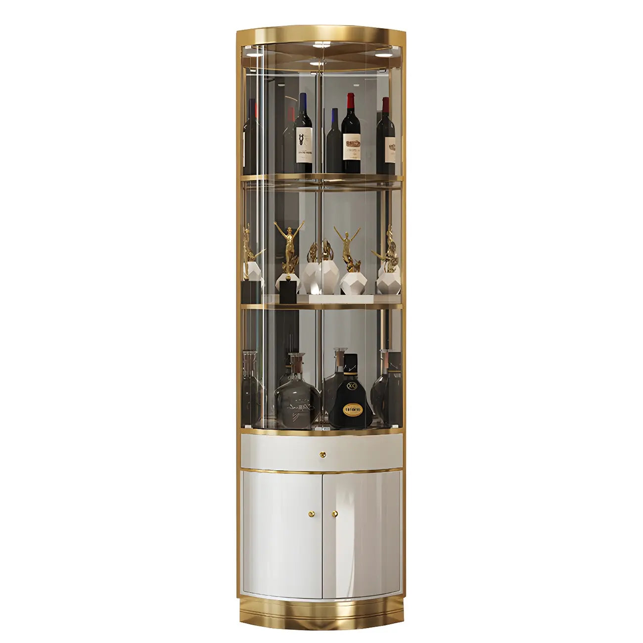 Glam Glossy Glass Gold Metal Rounded Display Corner Cabinet