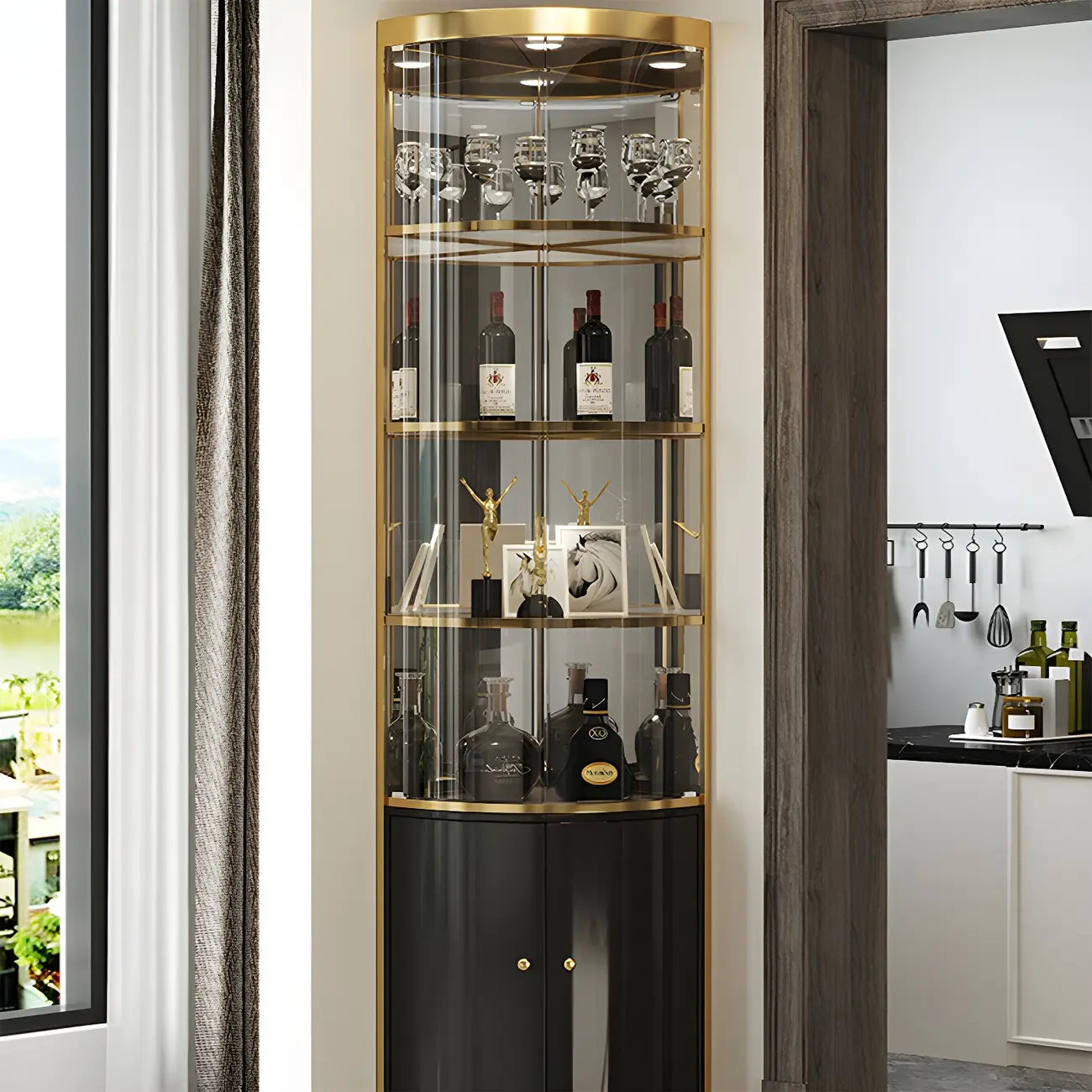 Glam Glossy Glass Gold Metal Rounded Display Corner Cabinet