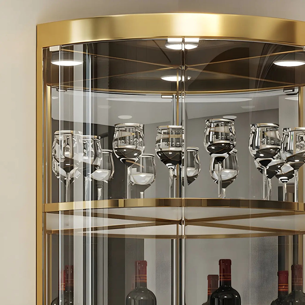 Glam Glossy Glass Gold Metal Rounded Display Corner Cabinet