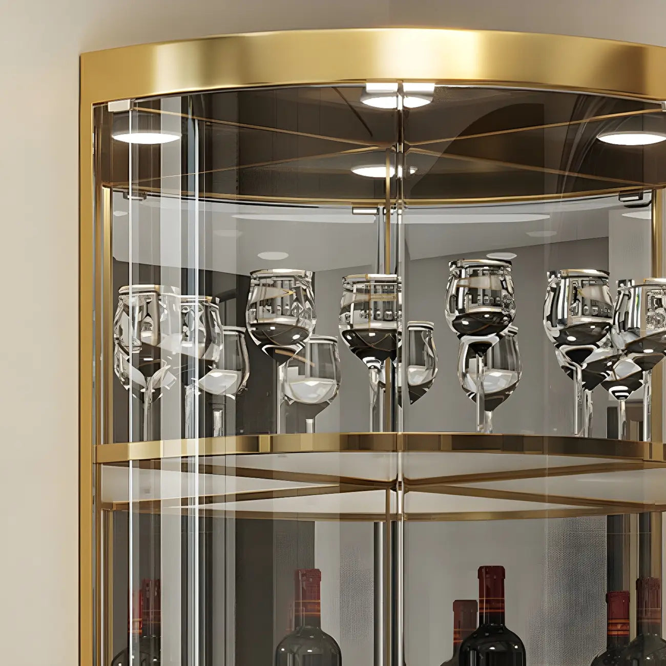 Glam Glossy Glass Gold Metal Rounded Display Corner Cabinet