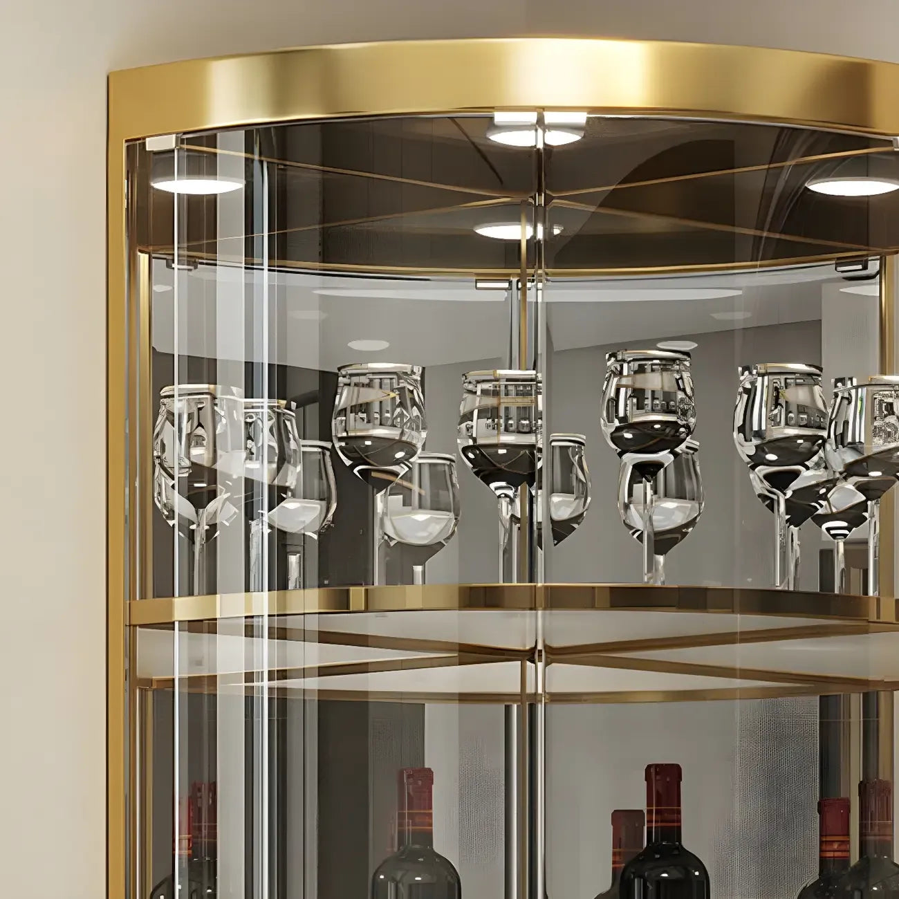 Glam Glossy Glass Gold Metal Rounded Display Corner Cabinet